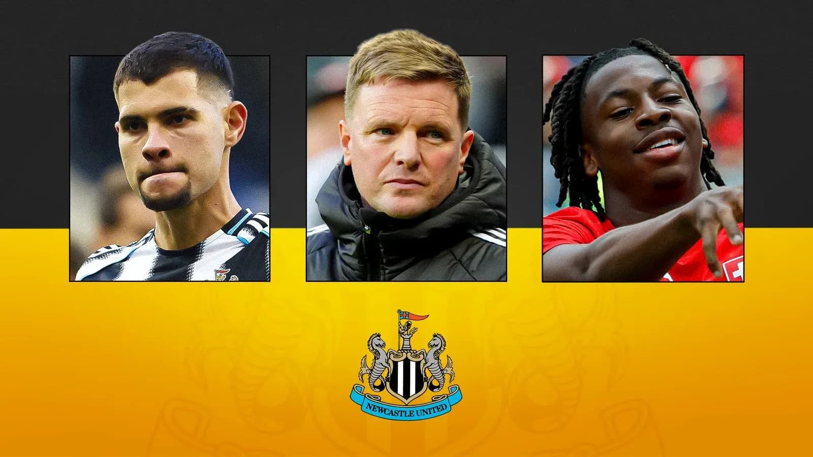 Трое мужчин, представляющих Newcastle United на фоне логотипа