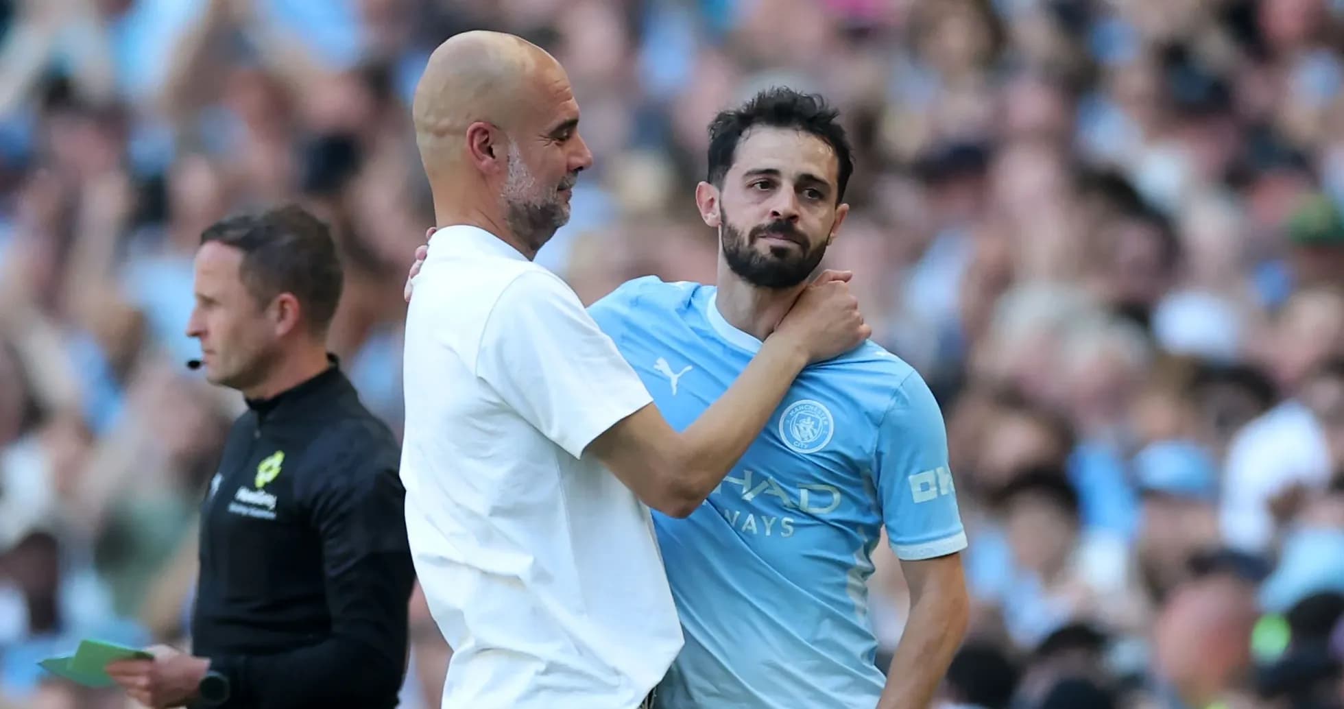 Pep Guardiola and Bernardo Silva during match substitution Pep Guardiola and Bernardo Silva during match substitution