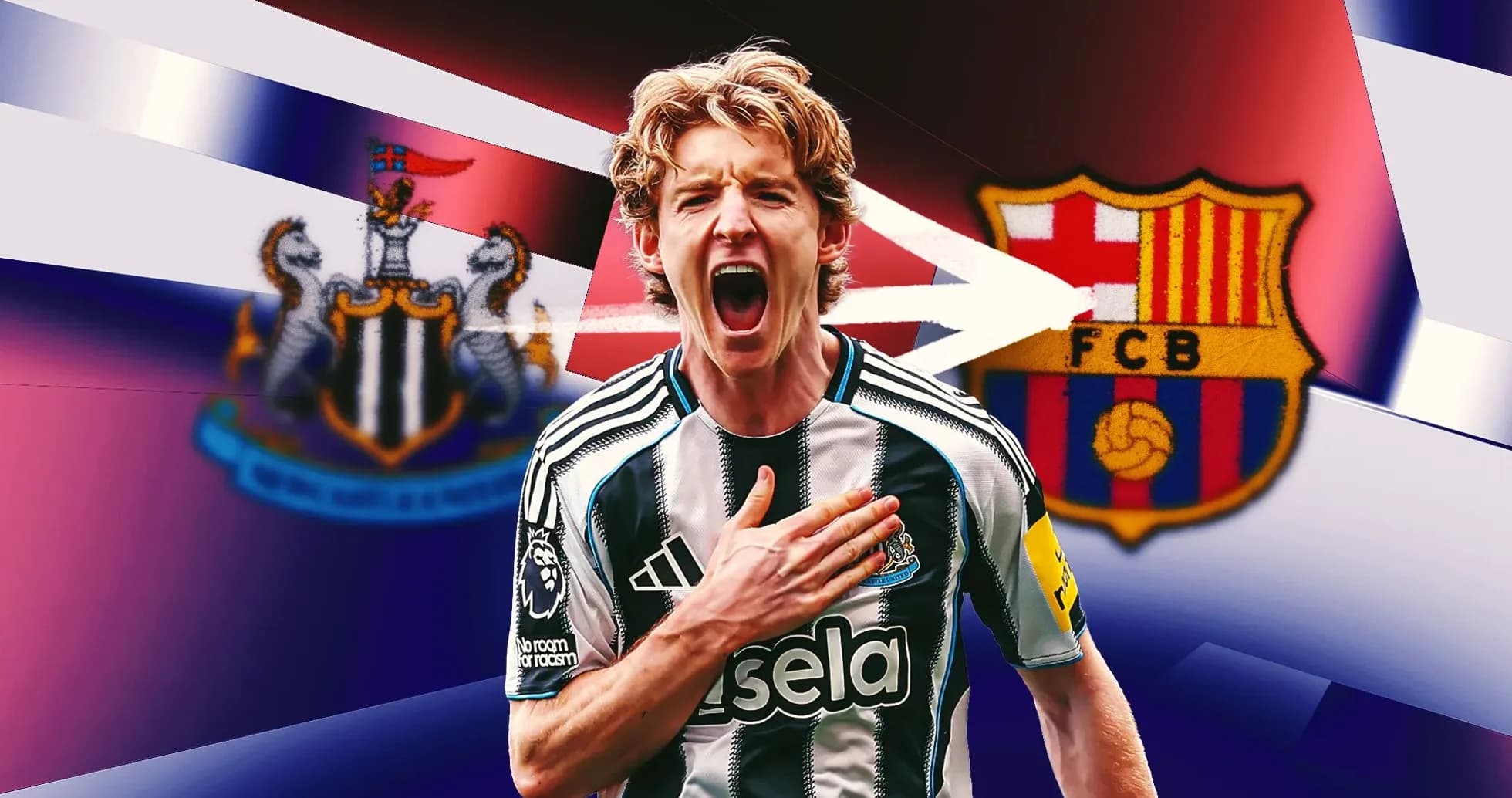 Игрок Newcastle United с символикой клуба на фоне Игрок Newcastle United с символикой клуба на фоне