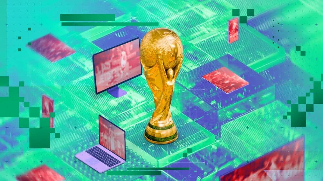 Золотой кубок мира на фоне экранов и технологий Золотой кубок мира на фоне экранов и технологий