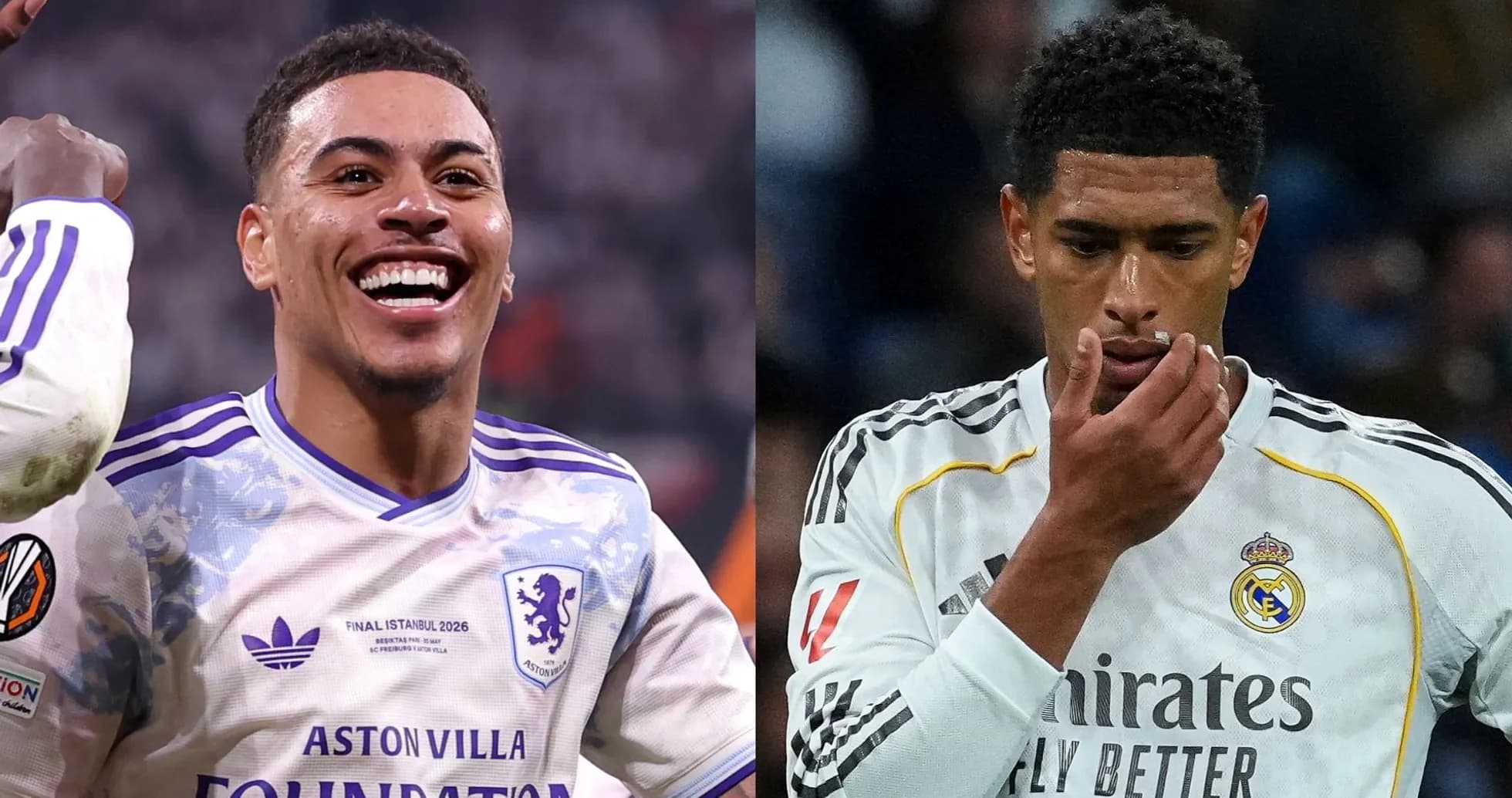 Два футболиста в форме Aston Villa и Real Madrid Два футболиста в форме Aston Villa и Real Madrid